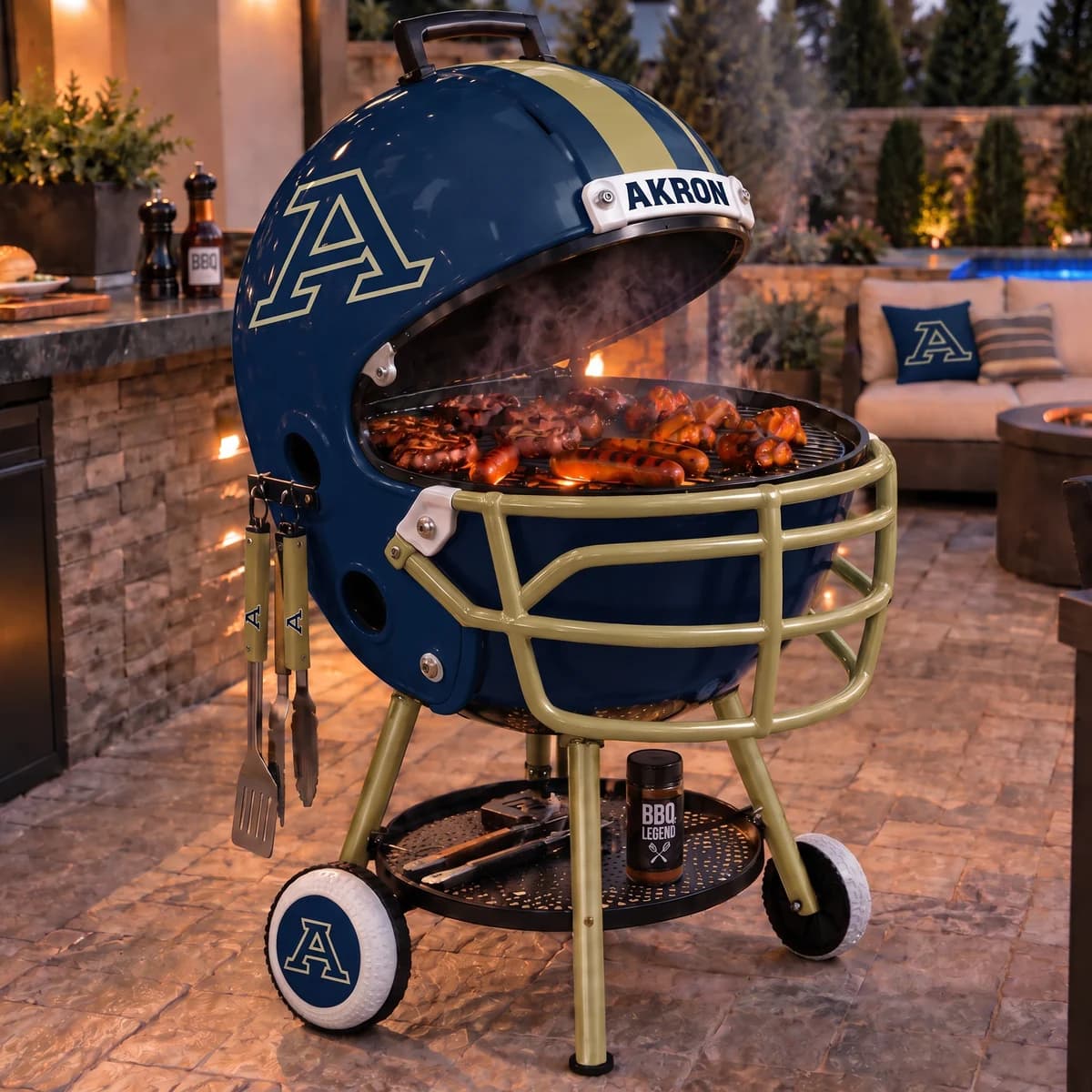 AI-generated product illustration: Akron Zips helmet-shaped grill