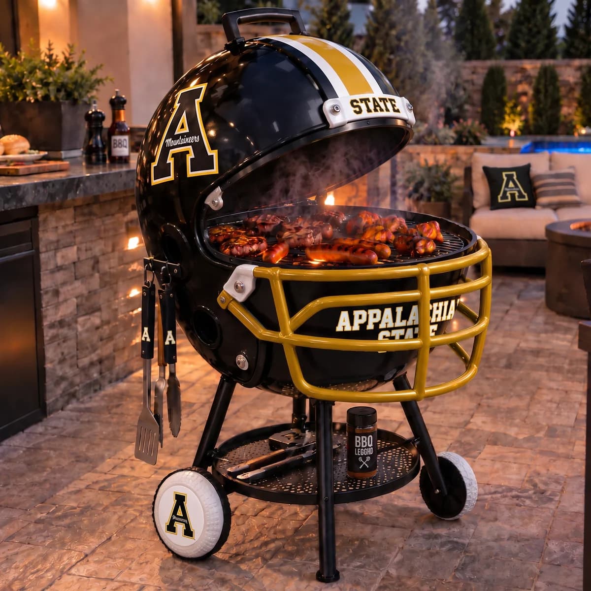 AI-generated product illustration: Appalachian State Mountaineers helmet-shaped grill
