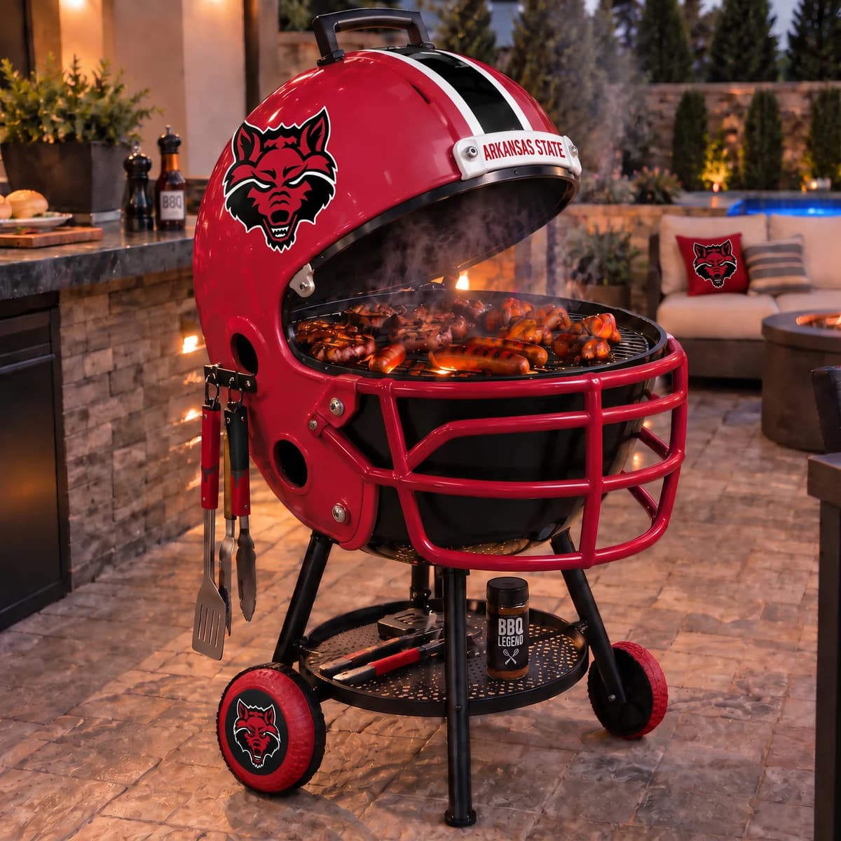 AI-generated product illustration: Arkansas State Red Wolves helmet-shaped grill