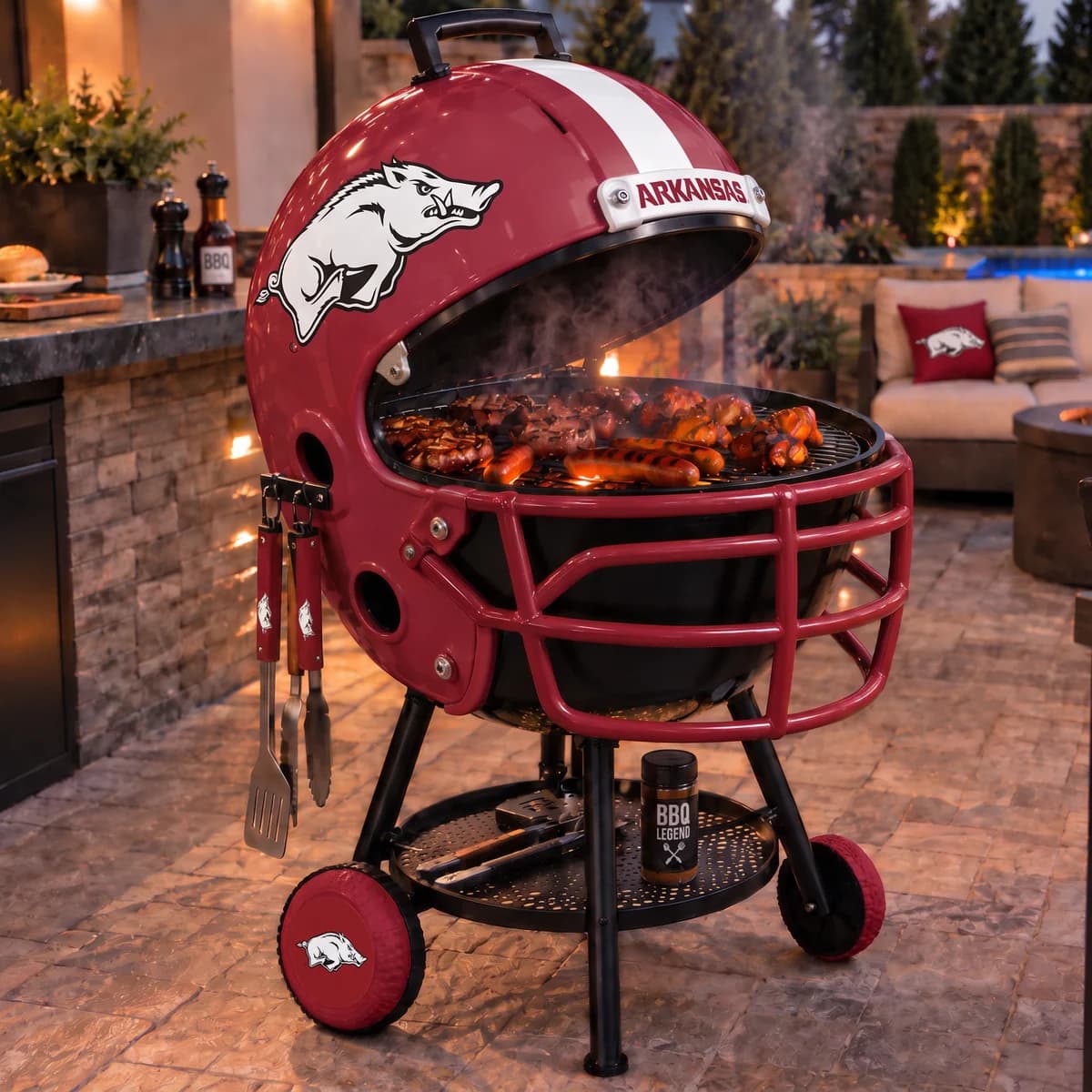 AI-generated product illustration: Arkansas Razorbacks helmet-shaped grill