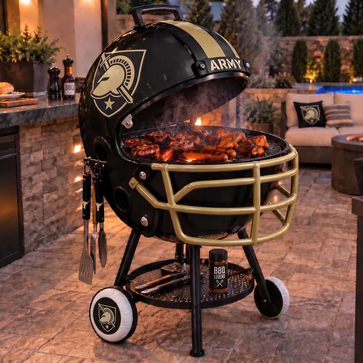 AI-generated product illustration: Army Black Knights helmet-shaped grill