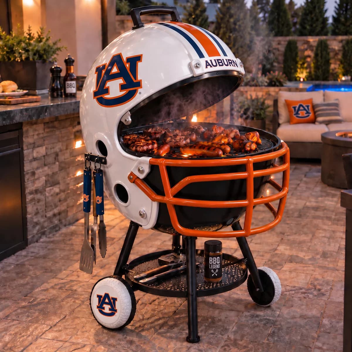 AI-generated product illustration: Auburn Tigers helmet-shaped grill