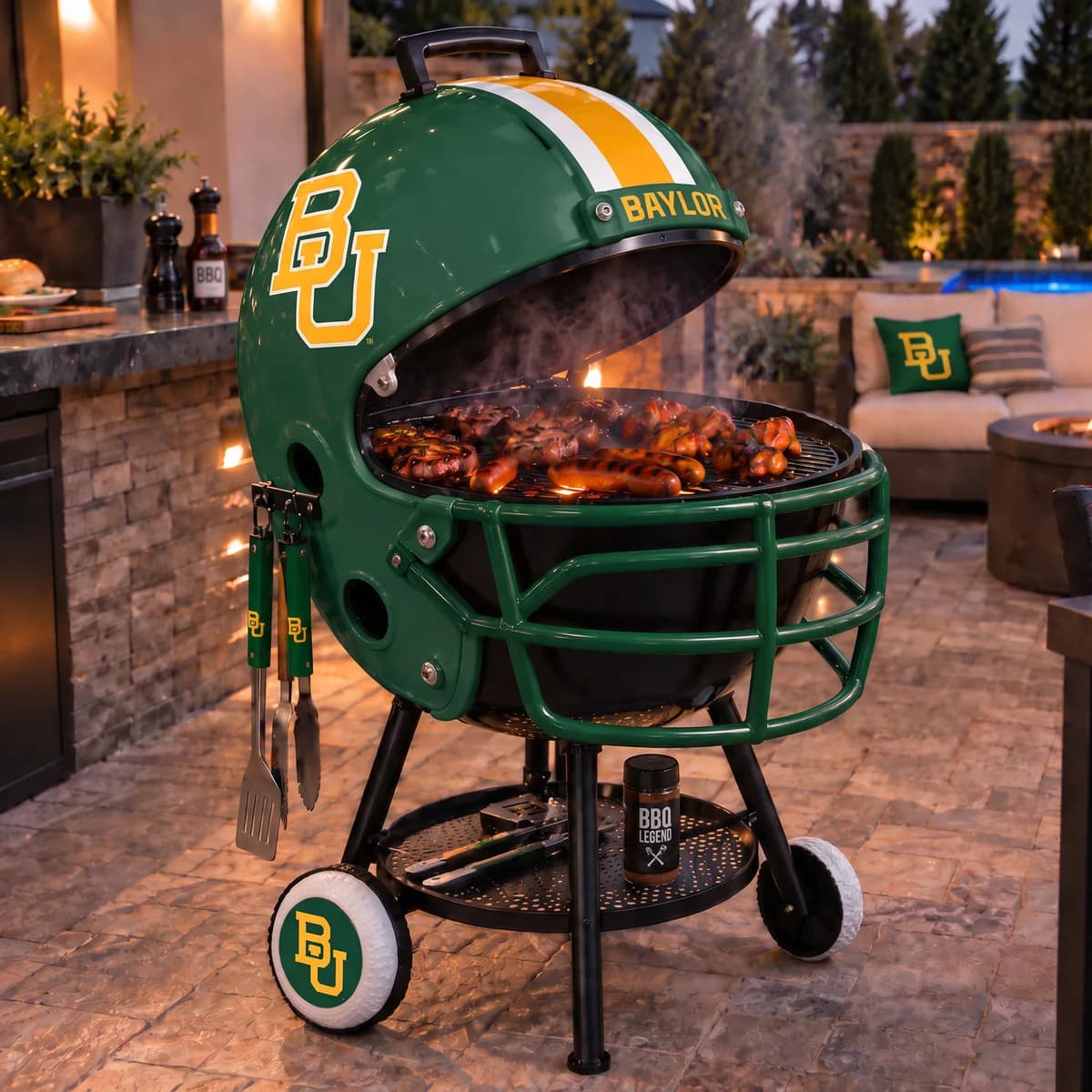 AI-generated product illustration: Baylor Bears helmet-shaped grill
