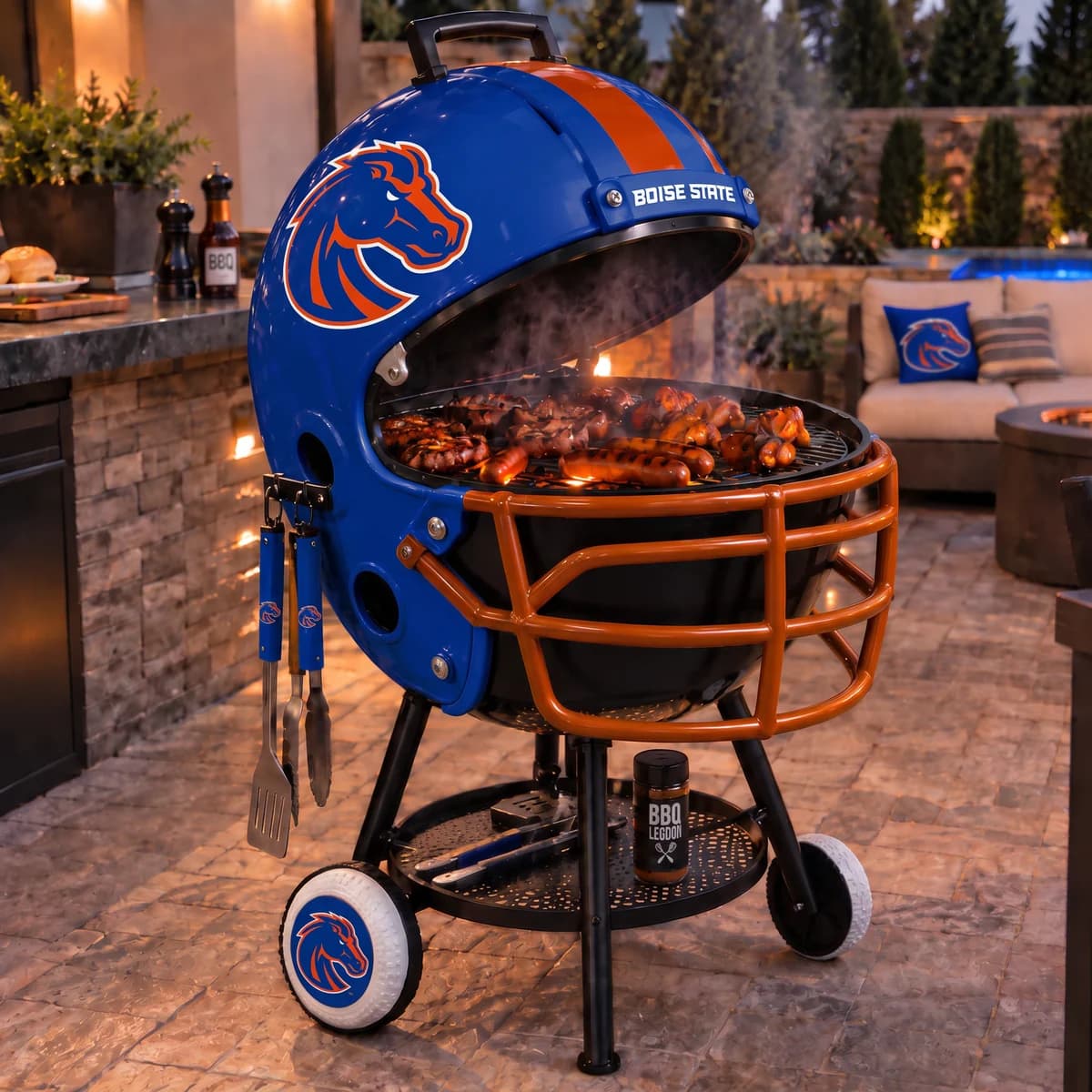 AI-generated product illustration: Boise State Broncos helmet-shaped grill