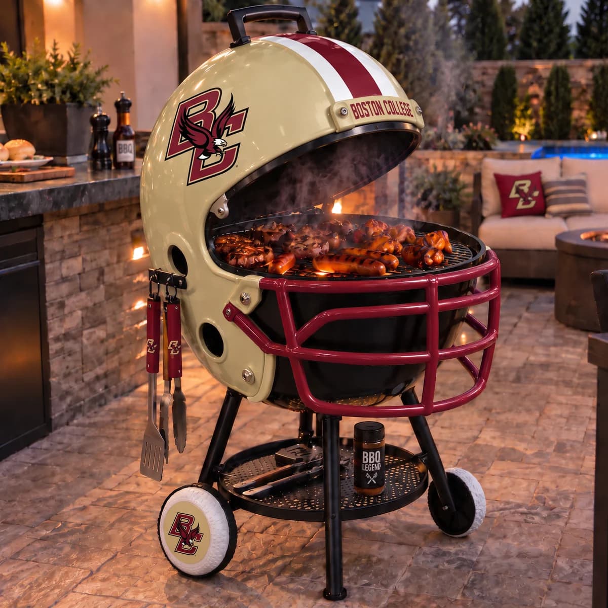 AI-generated product illustration: Boston College Eagles helmet-shaped grill