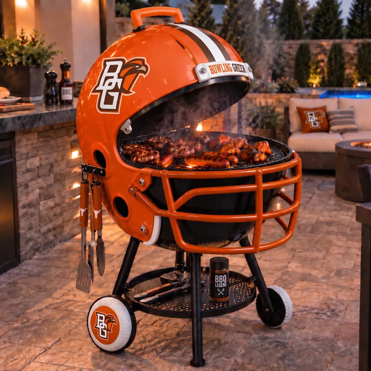 AI-generated product illustration: Bowling Green Falcons helmet-shaped grill