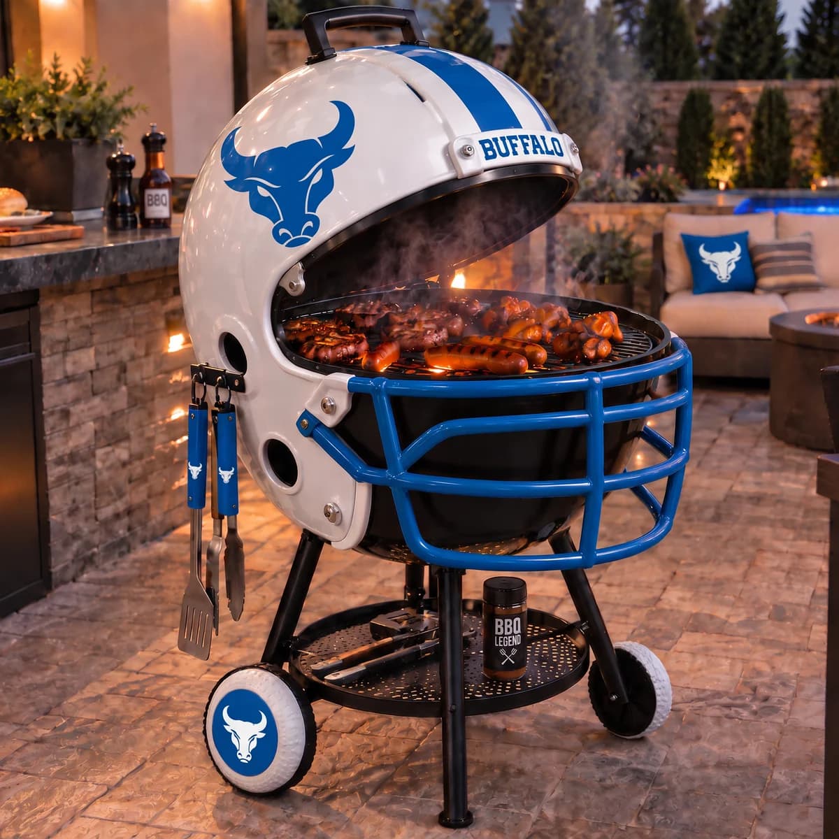 AI-generated product illustration: Buffalo Bulls helmet-shaped grill