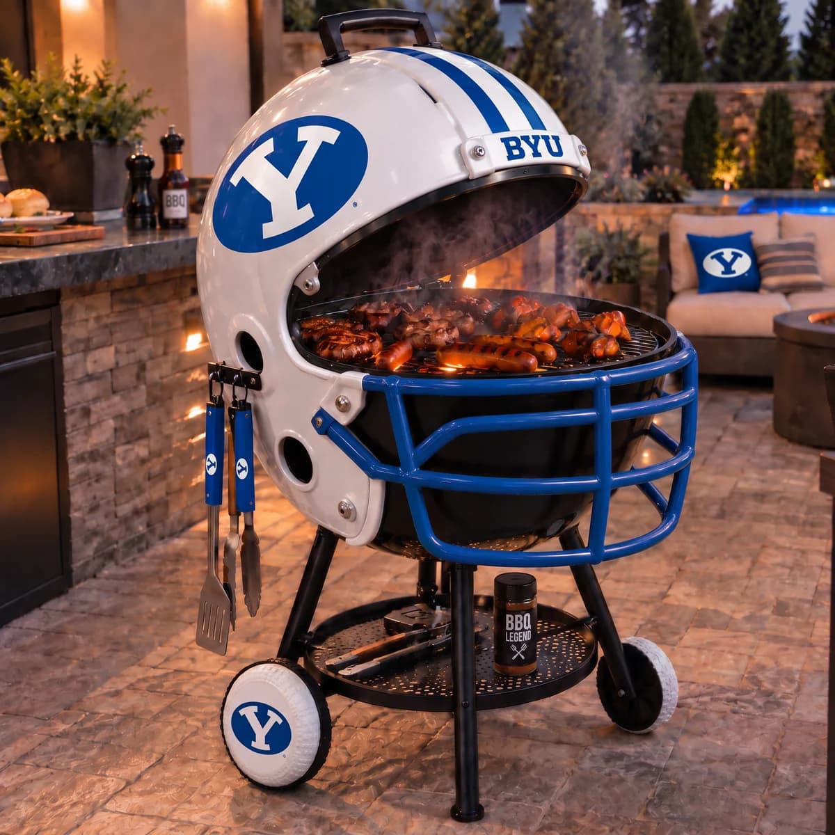 AI-generated product illustration: BYU Cougars helmet-shaped grill