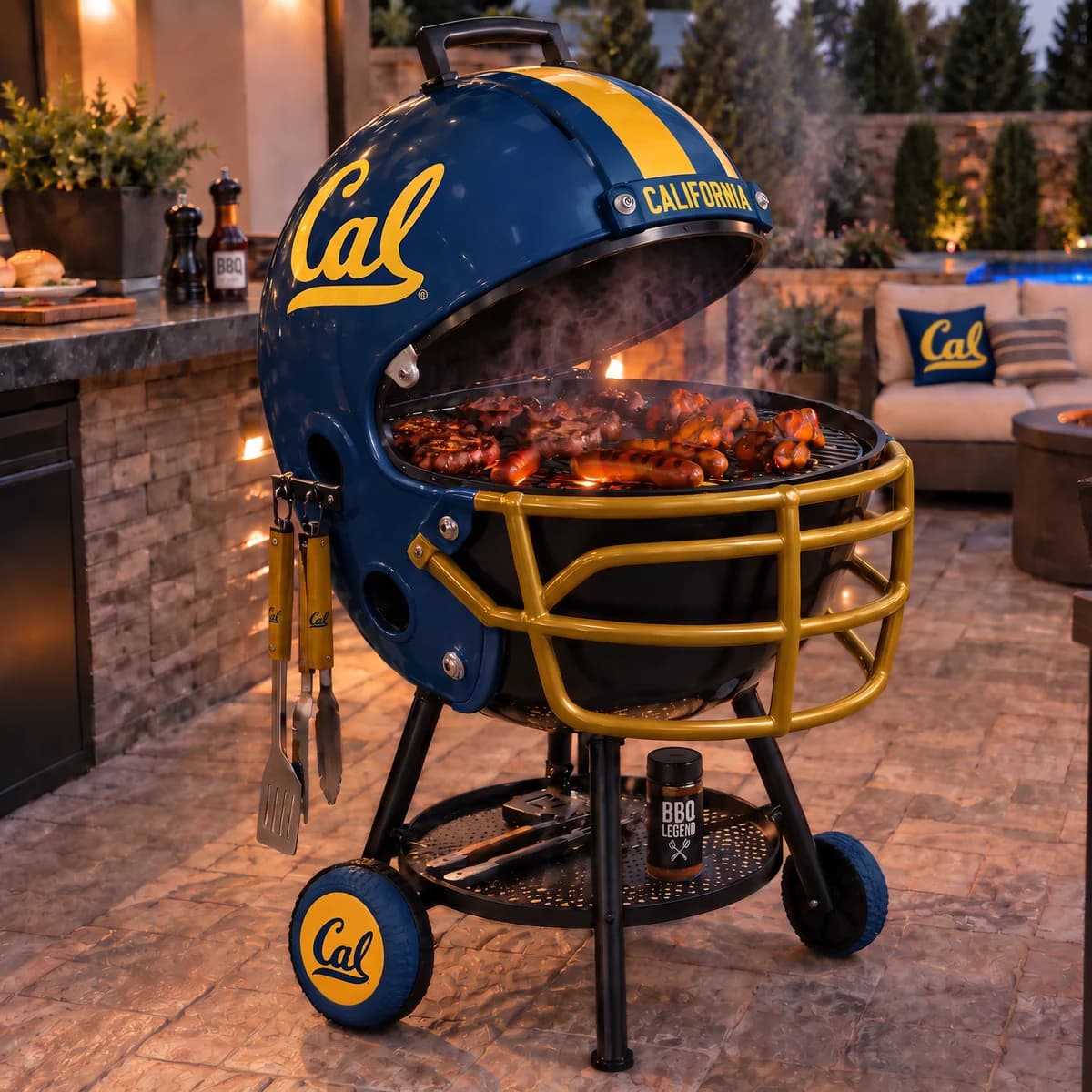 AI-generated product illustration: California Golden Bears helmet-shaped grill