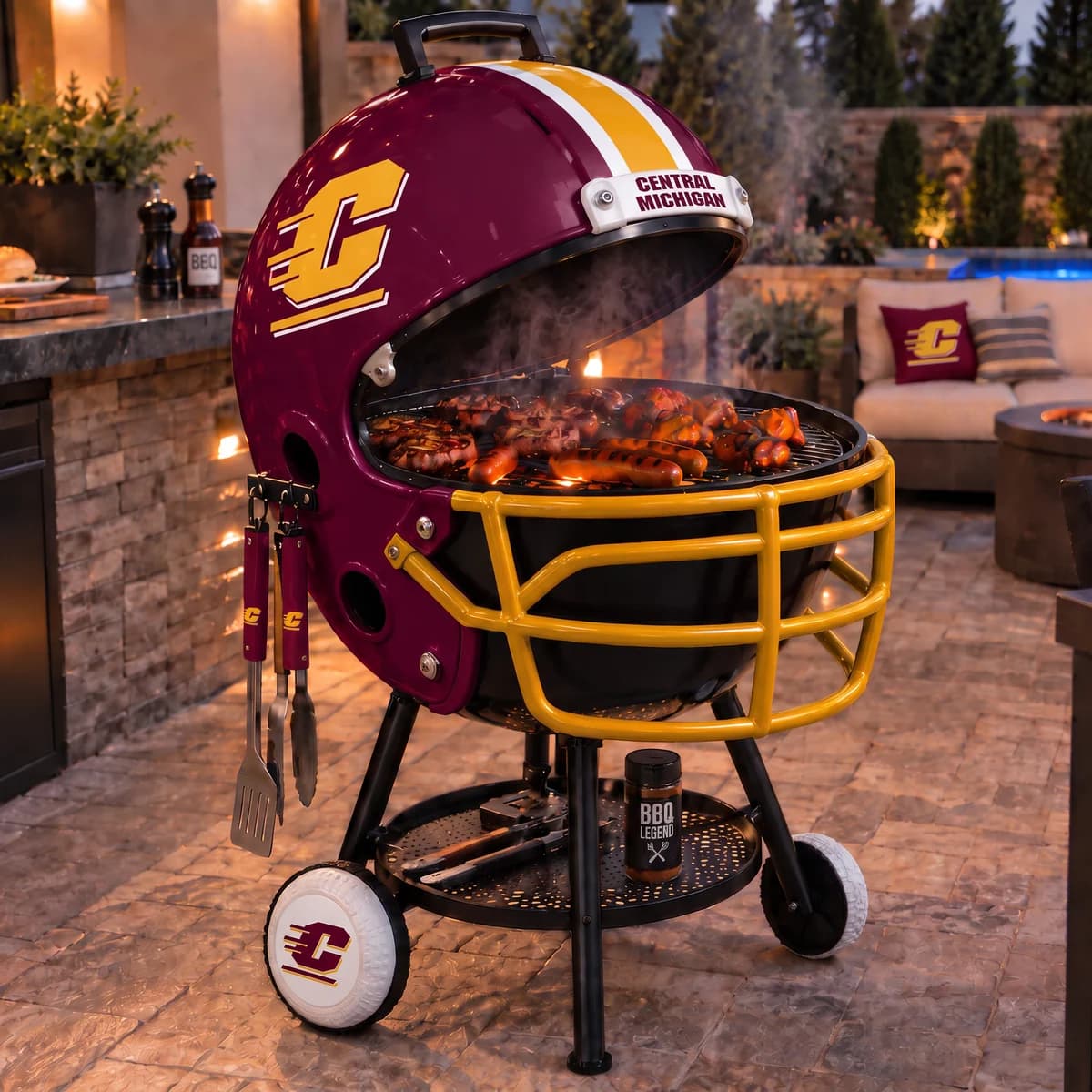 AI-generated product illustration: Central Michigan Chippewas helmet-shaped grill