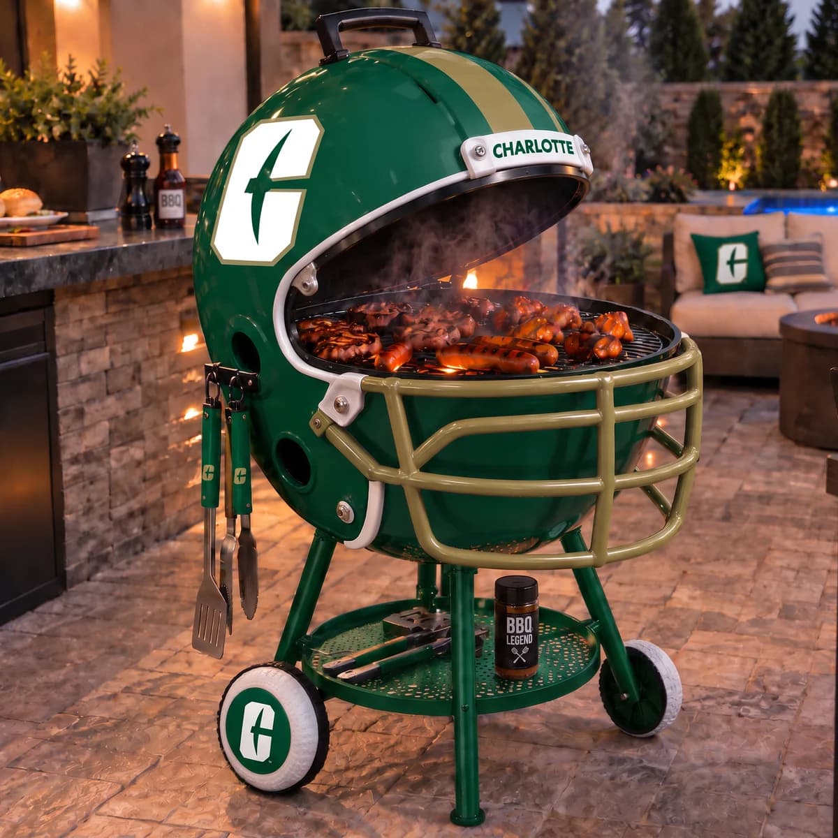 AI-generated product illustration: Charlotte 49ers helmet-shaped grill