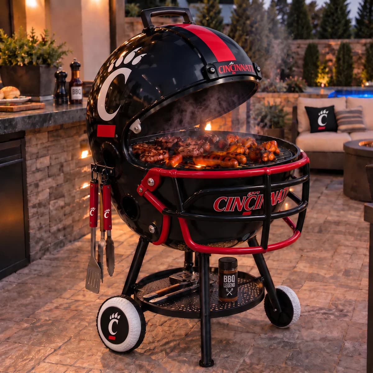 AI-generated product illustration: Cincinnati Bearcats helmet-shaped grill
