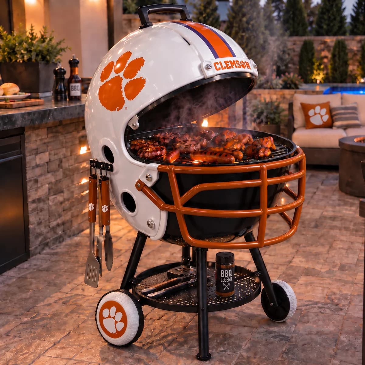 AI-generated product illustration: Clemson Tigers helmet-shaped grill
