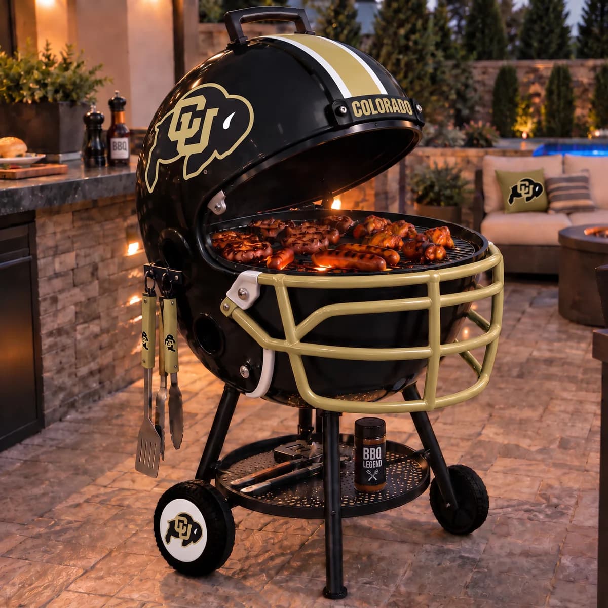 AI-generated product illustration: Colorado Buffaloes helmet-shaped grill