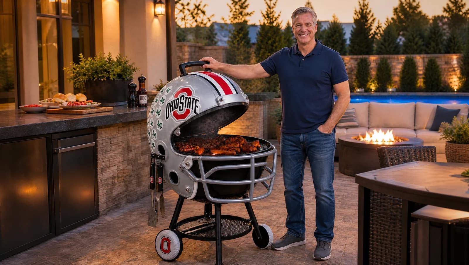 AI-generated illustration of a dad beside an Ohio State helmet-shaped grill on a patio