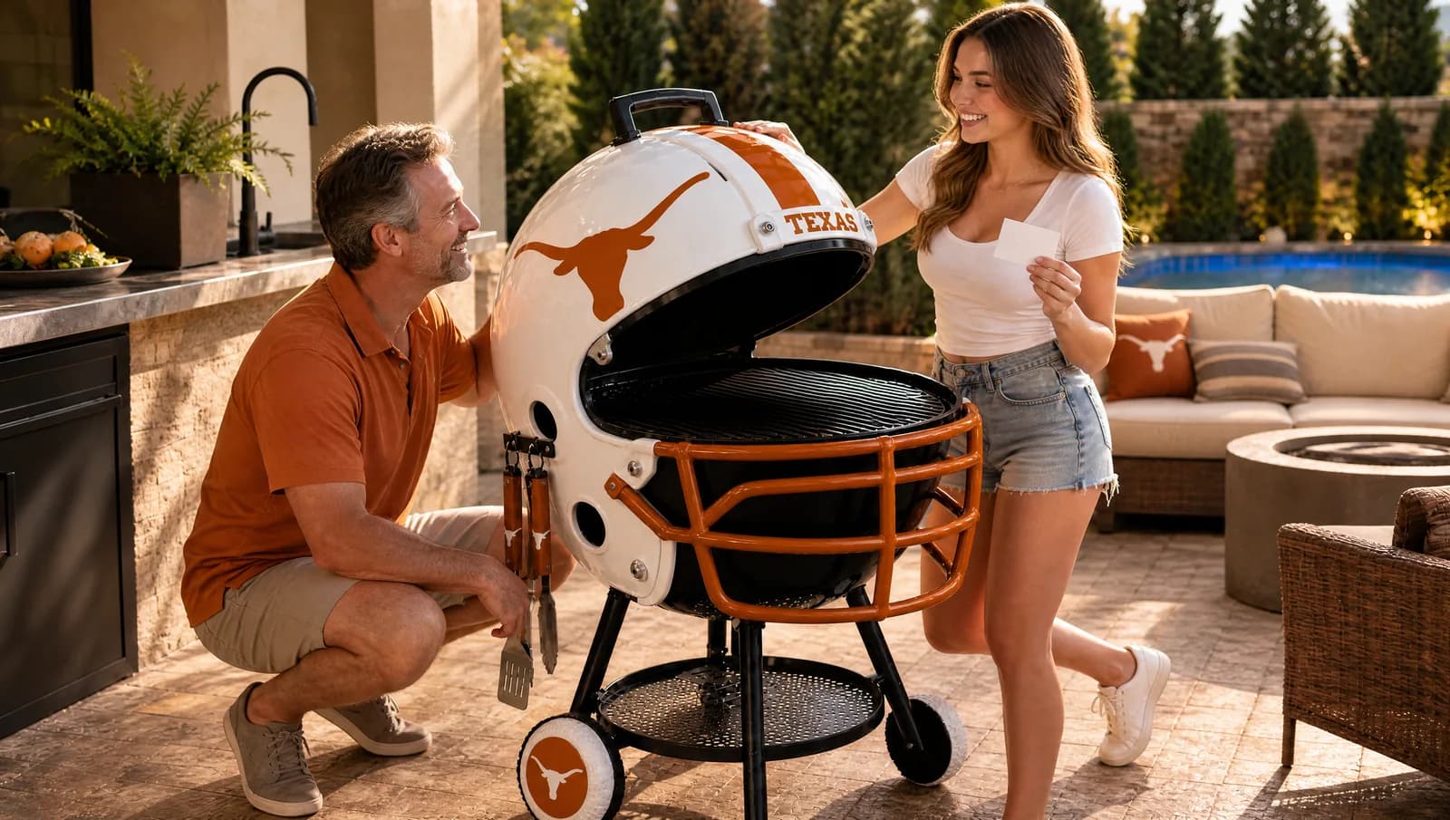 AI-generated illustration of an adult daughter giving her dad a Texas helmet-shaped grill